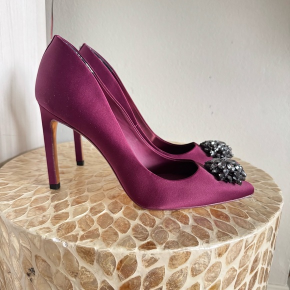 Ted Baker Shoes - Satin Pointed-Toe High Heels with Crystal Brooch - Plum